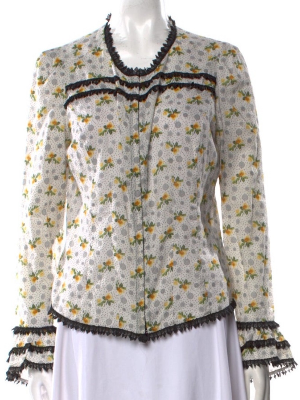 💐 Anna Sui Floral Lace Trim Mock Neck Blouse M Boho Romantic Top